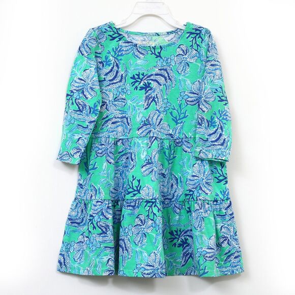 Lilly Pulitzer Girls Cotton Dress 3/4 Sleeve Floral Blue Green S 4-5 YRS 278584